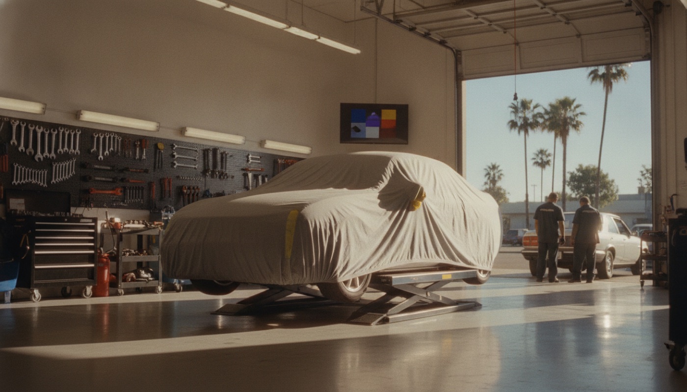 An LA auto repair shop with a covered car on a lift and the roll-up door open to the sun