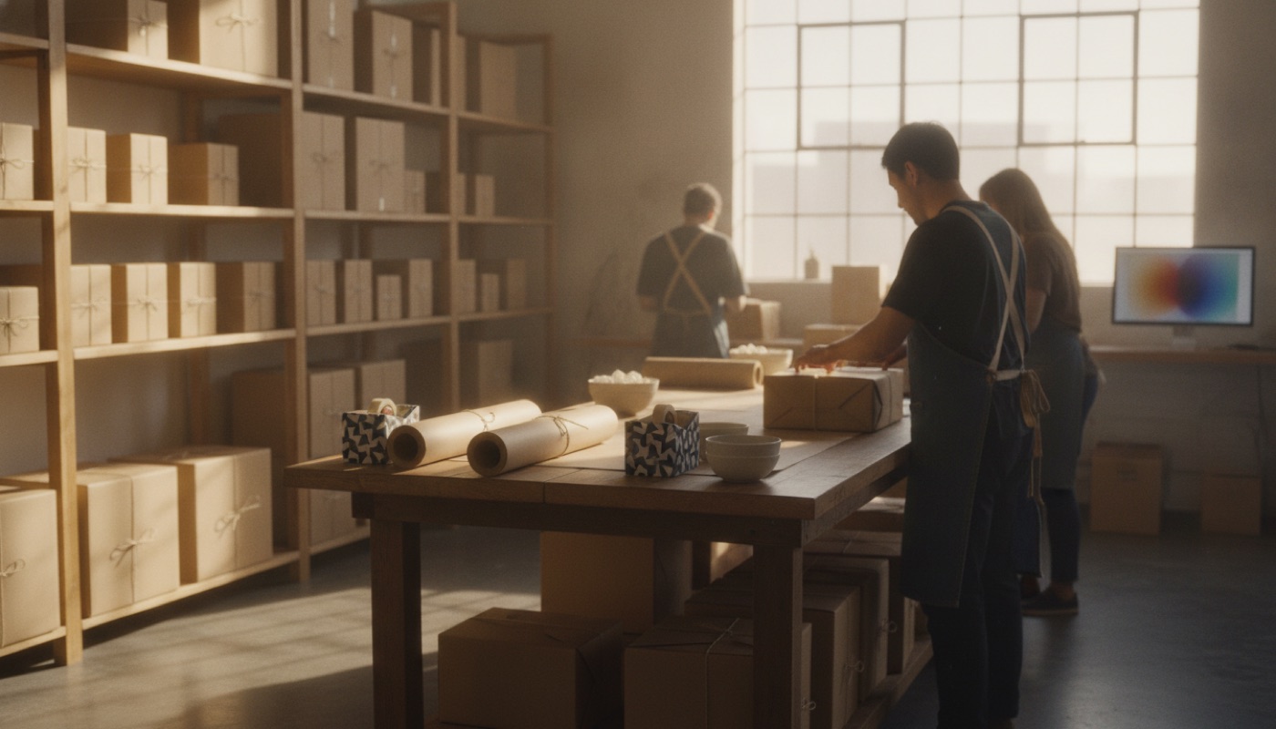A Los Angeles packing studio with shelves of plain boxes and a team wrapping parcels