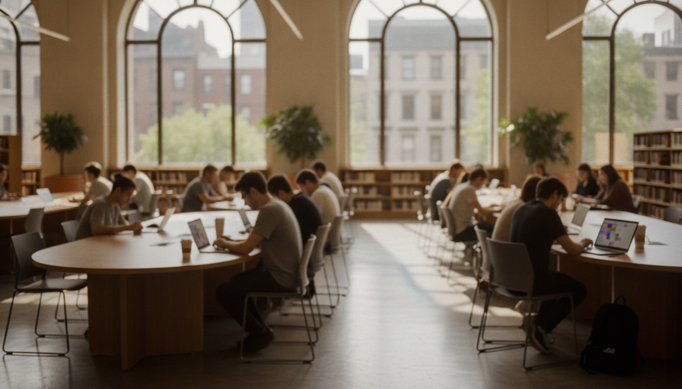 A New York university learning space with students at laptops by arched windows