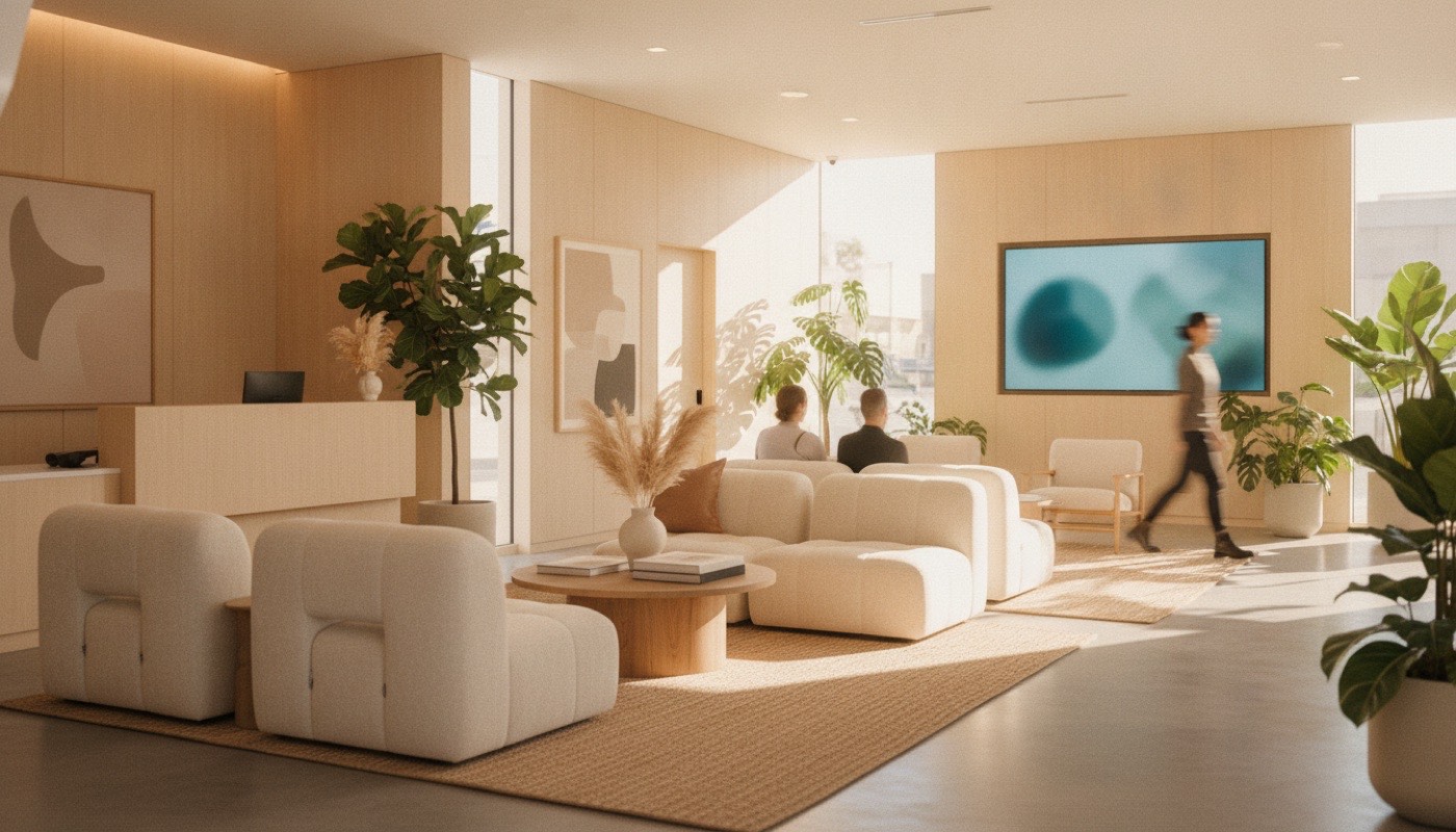 A calm, sunlit clinic reception in Los Angeles with soft chairs and plants