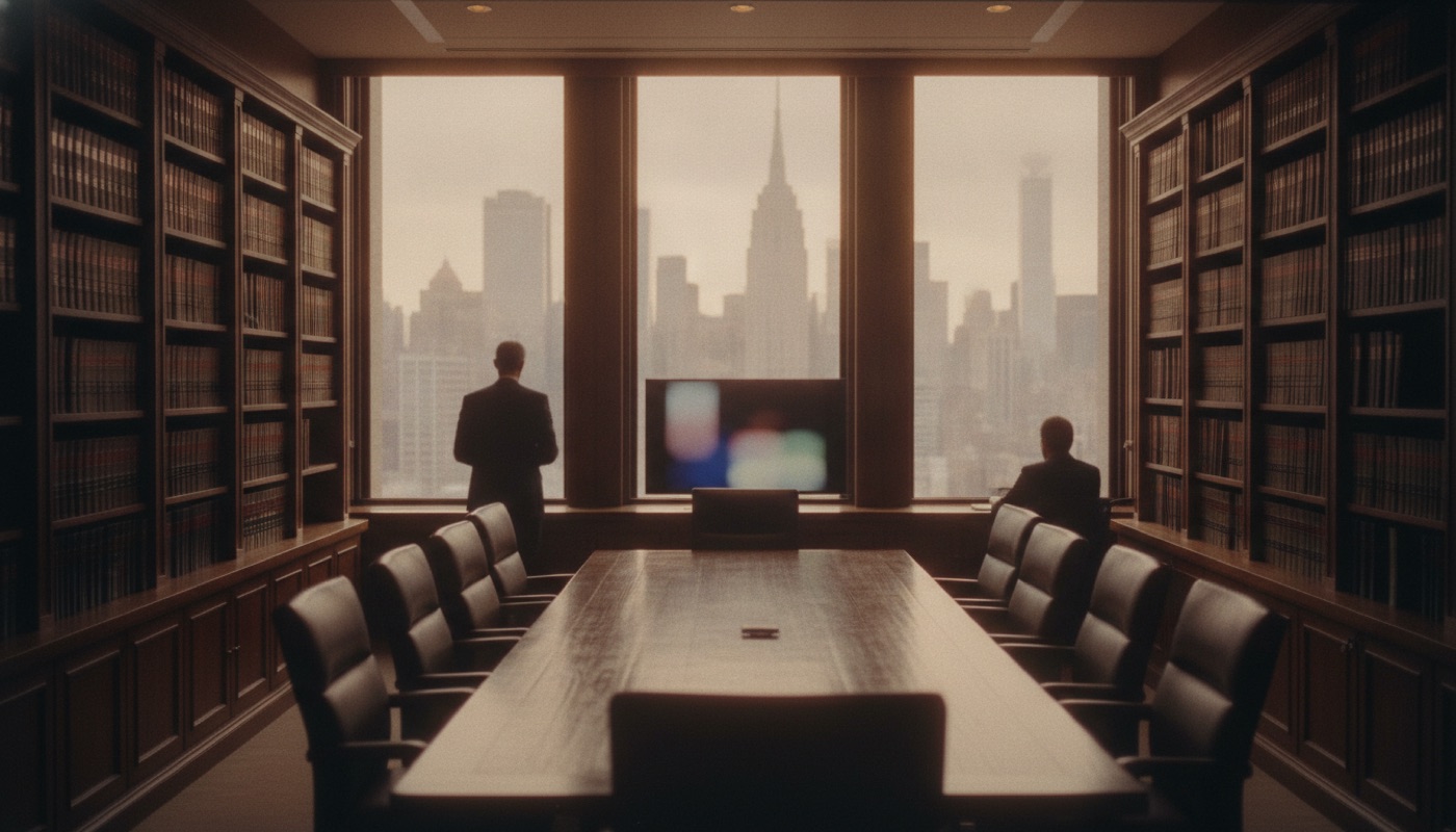 A Manhattan law firm meeting room lined with books and a skyline view