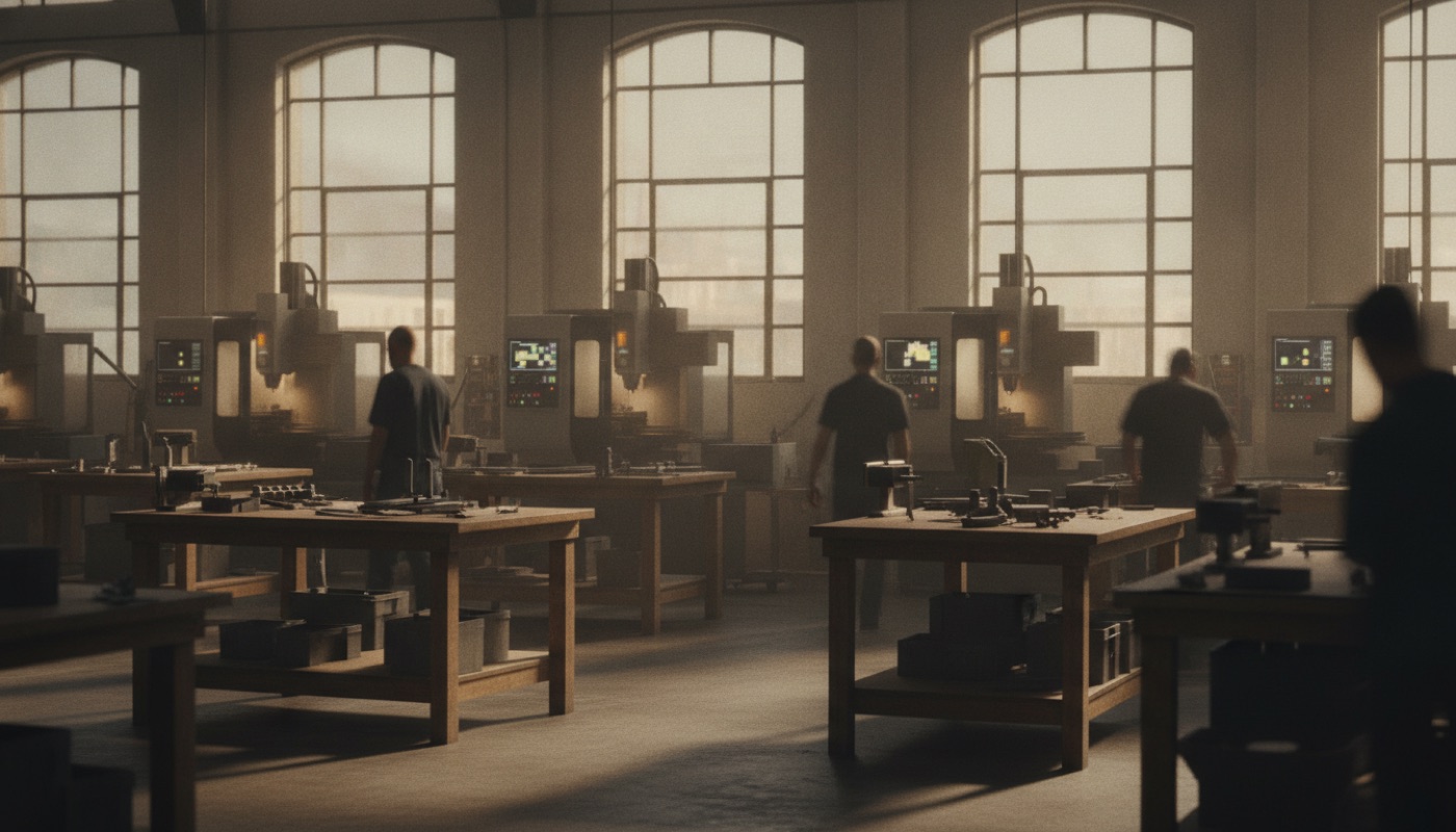 A light manufacturing workshop in the Brooklyn Navy Yard with CNC machines and tall windows