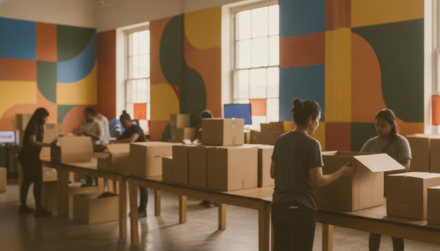 Volunteers packing donation boxes in a Bronx community space with bright murals