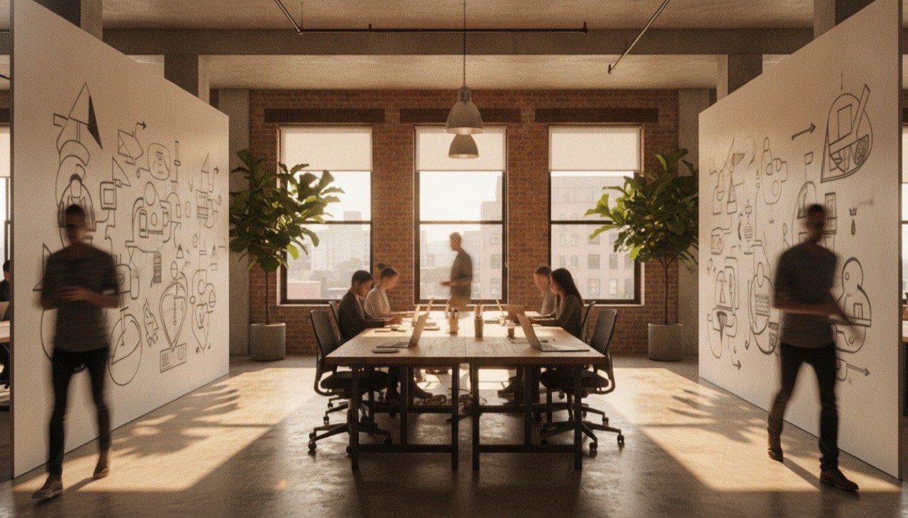 A New York software startup loft with whiteboard walls and a team at a long table